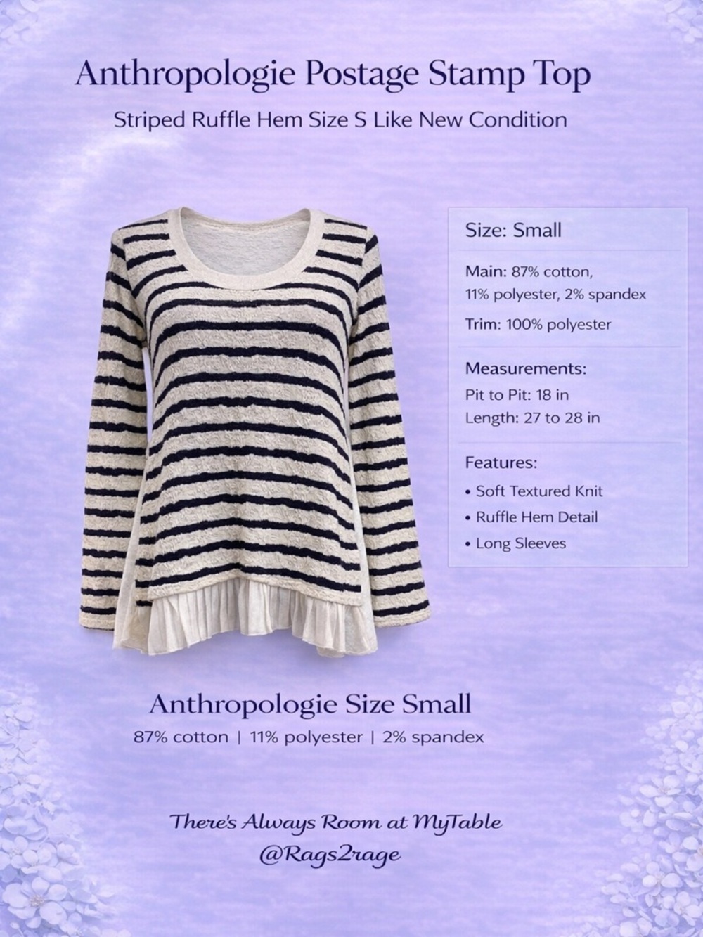 Anthropologie Postage Stamp Top Striped Ruffle Hem Size S